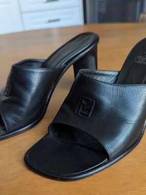 Fendi Black Leather Heeled Mules